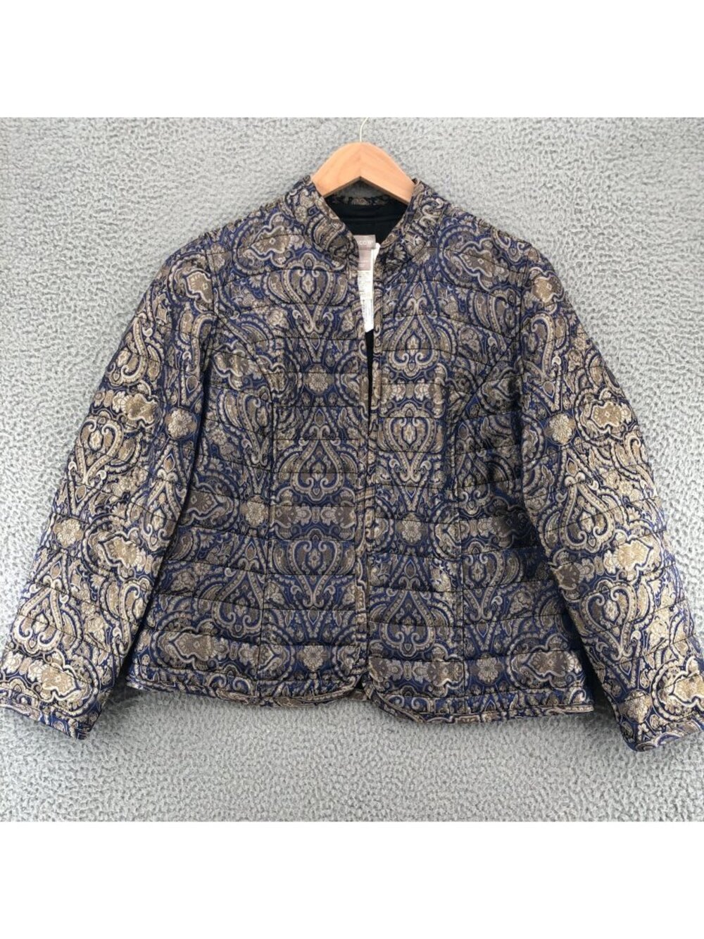 Chicos Jacket Womens 2 US Large Blue Reversible Print Jacquard To Black Quilted